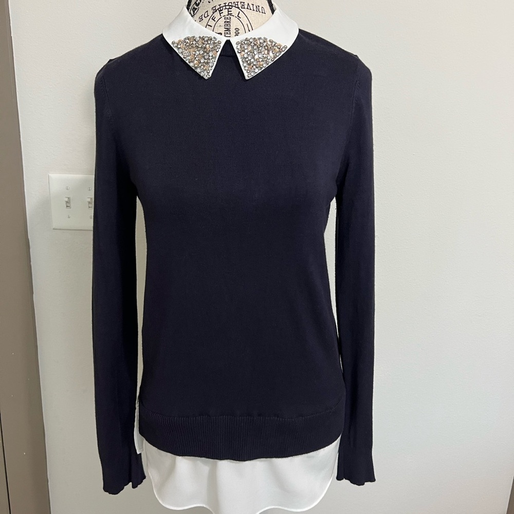 Navy Sweater with Embellished Collar